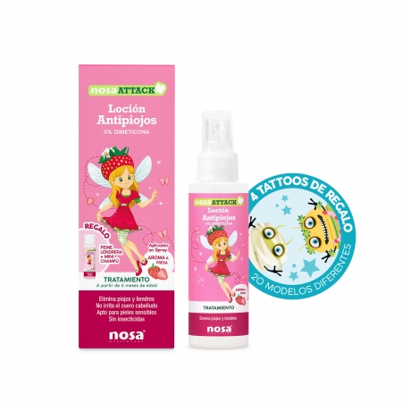 NOSA ATTACK LOCION ANTIPIOJOS 5% DIMETICONA 100 ML AROMA FRESA + CHAMPU 15 ML + PEINE