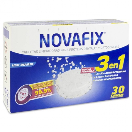 NOVAFIX TABLETAS ANTIBACTERIANAS 3 EN 1 LIMPIEZA PROTESIS DENTAL 30 TABLETAS