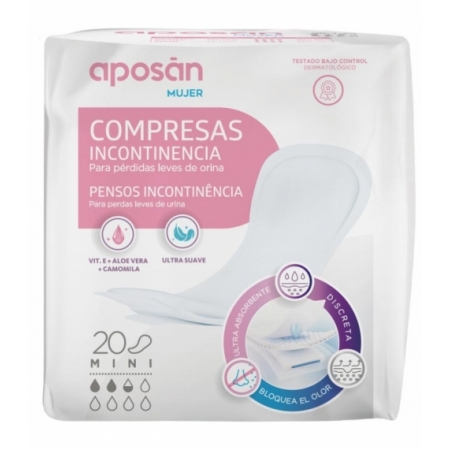 APOSAN COMPRESA INCONTINENCIA ORINA LEVES MUJER MINI 20 UNIDADES
